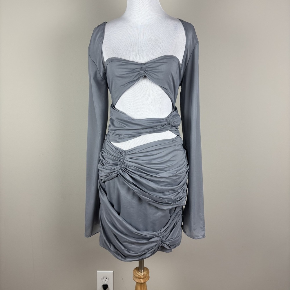 House‎ of CB Mini Dress Womens L+ 10/12 Camille Grey Silk Cutout Ruched Sexy